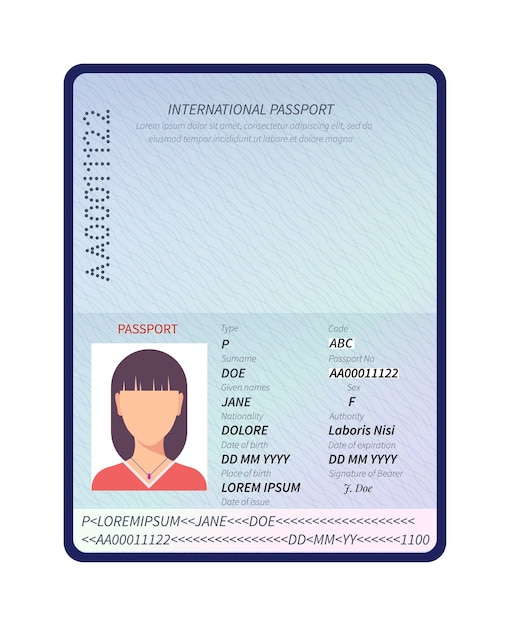 Vector passport. sample data personal page, female international passport with photo. identity biometric control document