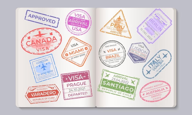 여권 스탬프. 여행 및 출입국 마크 수집, 도착 및 출발 공항 스탬프. 여권에 벡터 국가 격리 표지판