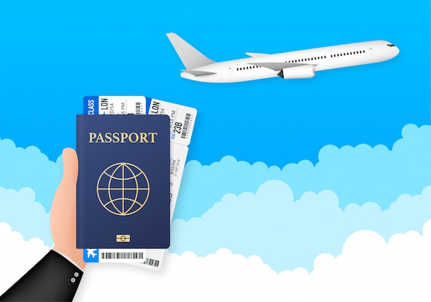 Passport for travel and tourism. Passport in hand. Man holds in his hand the document.   illustration.