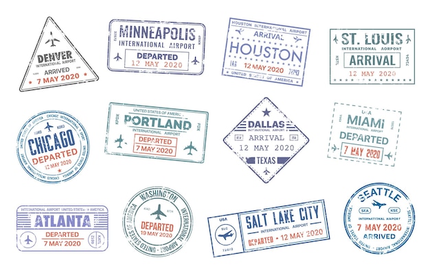 Vector passport travel vector stamps with usa city names denver, minneapolis, houston, st. louise and chicago, portland or dallas, miami or atlanta and washington country migration arrival entry isolated set