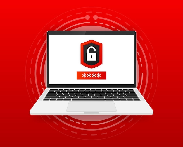 Концепция пароля. Окно технологии безопасности на экране компьютера. Красный фон. Векторная иллюстрация.