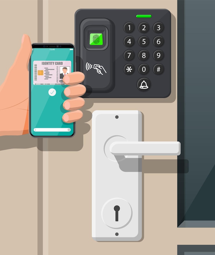 Vector password and fingerprint security device at office or home door. hand with smartphone with id card application. access control machine, time attendance. proximity card reader. flat vector illustration