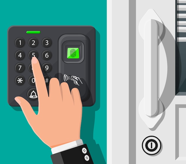 Vector password and fingerprint security device at office or home door