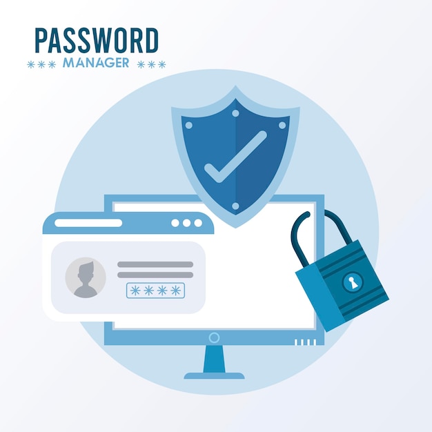 Password manager theme with check symbol in shield and desktop  illustration