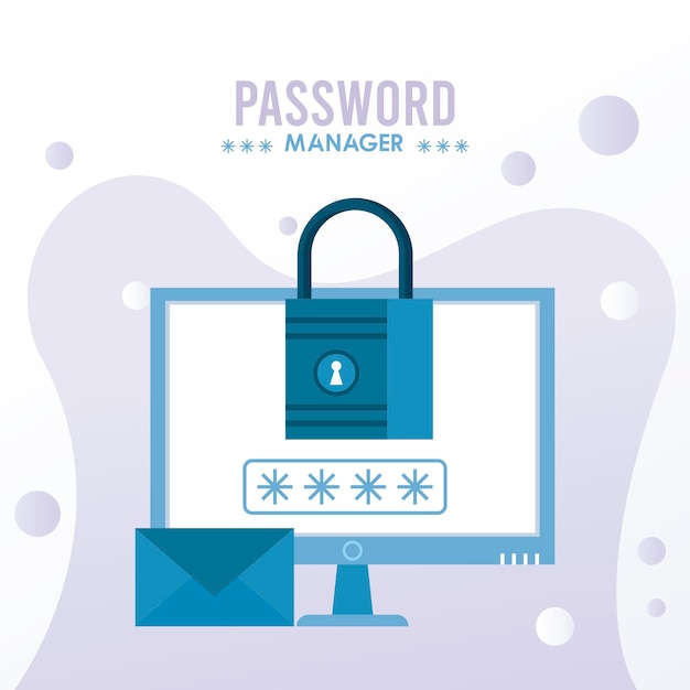 Vettore tema del gestore di password con lucchetto e busta nell'illustrazione del desktop