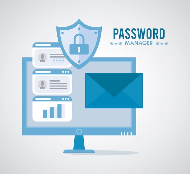 Password manager theme with padlock in shield and desktop  illustration 