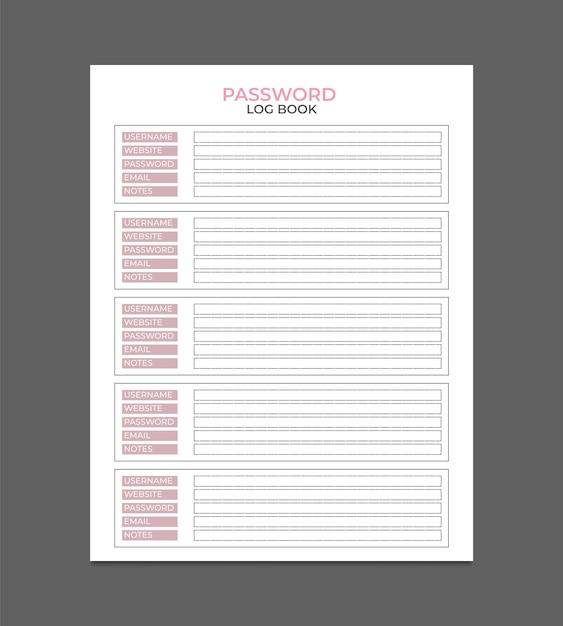 Password tracker journal template and password log book template design