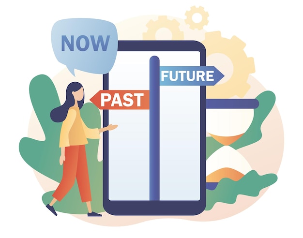 Vector past and future concept. move forward metaphor. tiny woman choice between past and future.