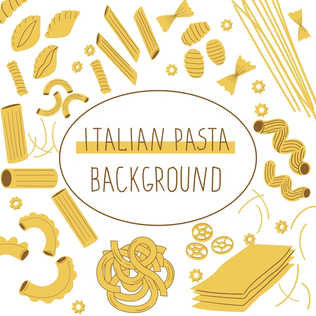 Vettore sfondo di pasta doodle inquadratura di diversi tipi di menu di ristorante o bar con pasta tradizionale italiana con maccheroni crudi cornice circolare con volantino di layout vettoriale di tagliatelle disegnate a mano