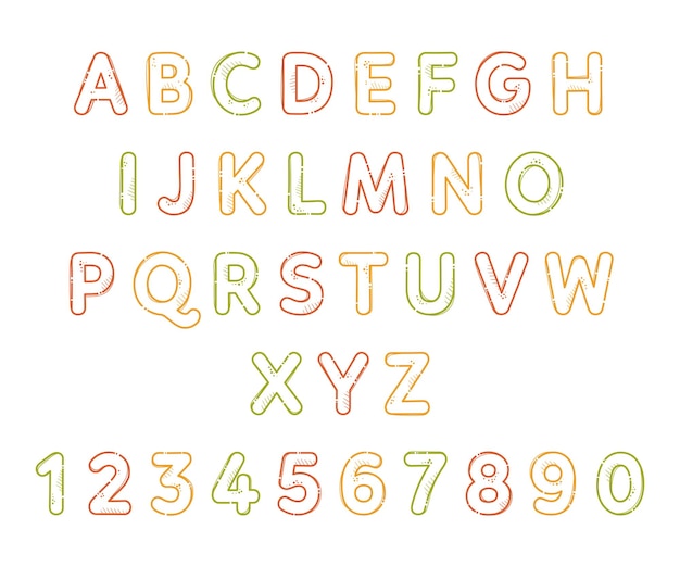 마카로니 레터링의 형태로 문자와 숫자에서 파스타 만화 알파벳 글꼴