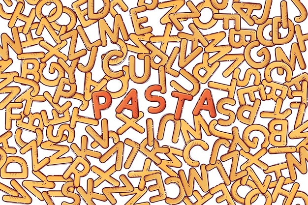 Vector pasta cartoon alphabet font from letters in the form of macaroni lettering from pasta soup