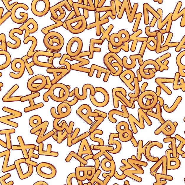 Vector pasta cartoon alphabet font from letters and numbers in the form of macaroni lettering