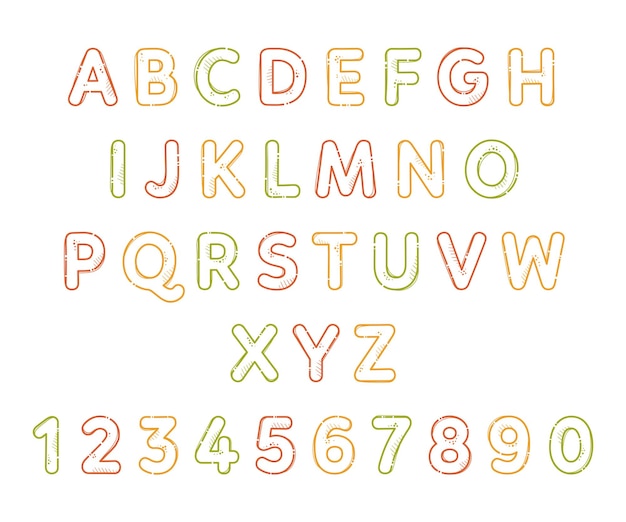 Vector pasta cartoon alphabet font from letters and numbers in the form of macaroni lettering