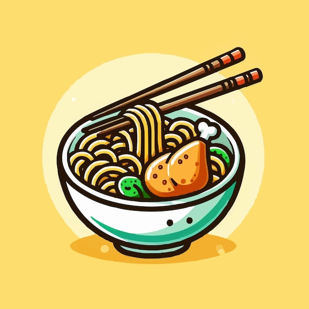 Vector pasta and chicken leg with chopstick cartoon vector icon illustration food object icon concept isola