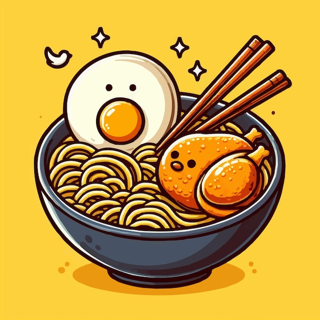 Vector pasta and chicken leg with chopstick cartoon vector icon illustration food object icon concept isola