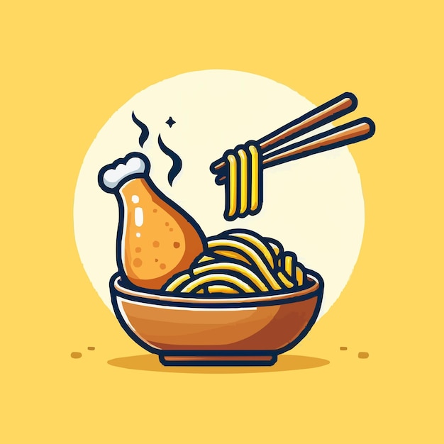 Vector pasta and chicken leg with chopstick cartoon vector icon illustration food object icon concept isola