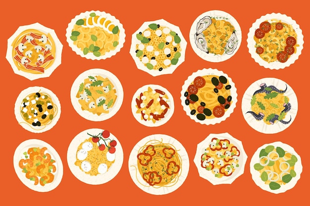 pasta dish homemade spaghetti with tomato sauce cheese and basil italian traditional food vector cartoon plate with pasta