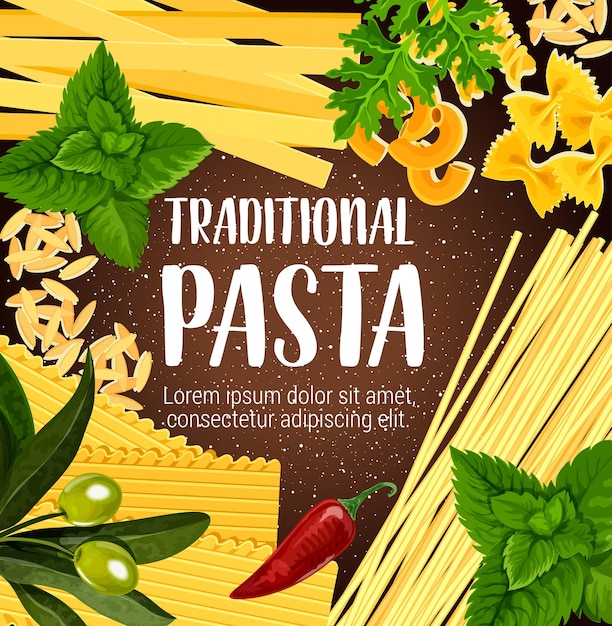 Piatto di pasta con poster culinario di spezie e verde