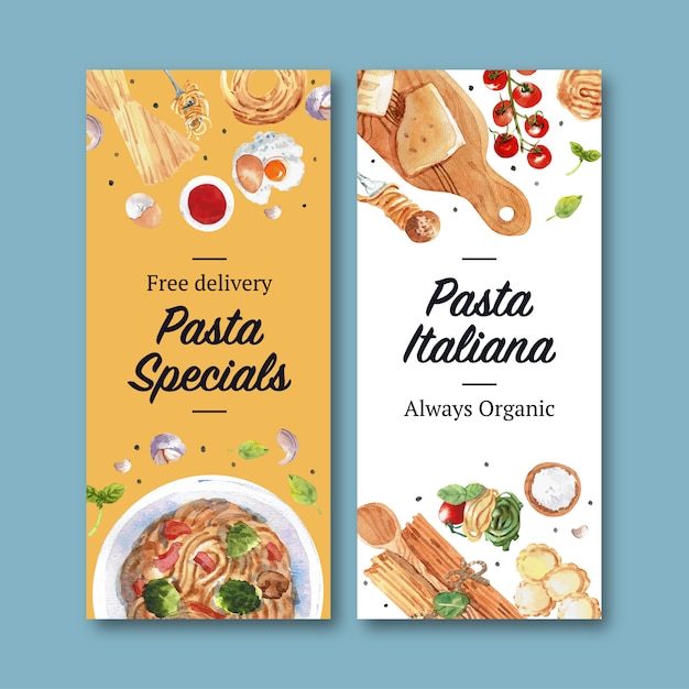 Vector pasta flyer design with cheese, garlic watercolor illustration.