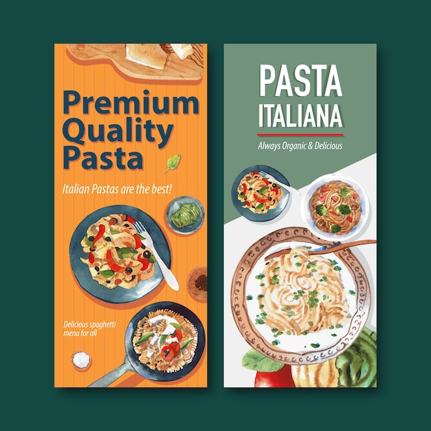 Vector pasta flyer design with various pasta watercolor illustration.