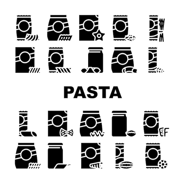 Vector pasta food package collection icons set vector gnocchetti sardi and rigatoni fusilli and farfalle in spiral form and alphabet shape pasta glyph pictograms black illustrations