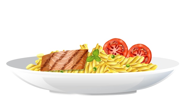 Vector pasta fusilli with fish steak and tomato