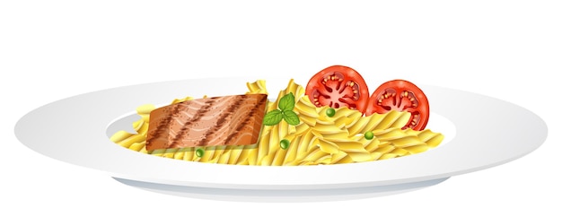 Vector pasta fusilli with fish steak and tomato