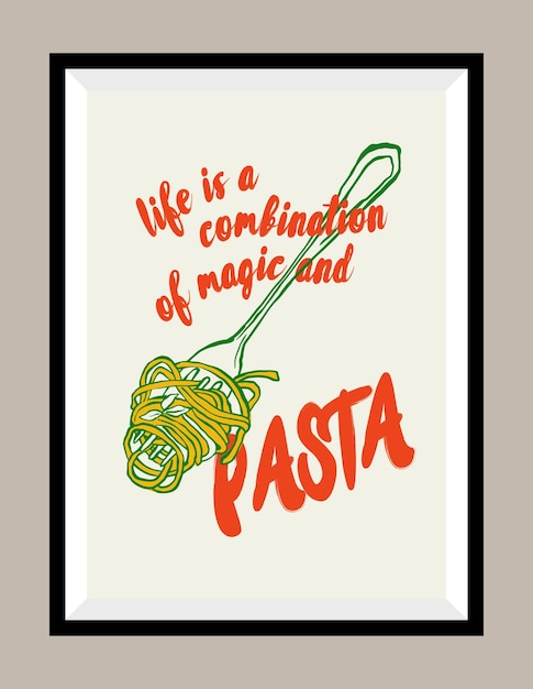 Pasta hand drawn illustration in a poster frame for wall art gallery