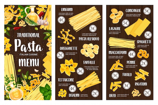 Pasta italiaans eten menu. spaghetti, macaroni, kruid