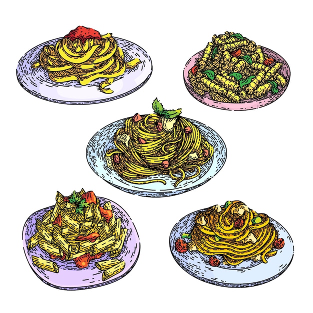 ベクトル パスタ イタリア料理セット スケッチ手描きの背景