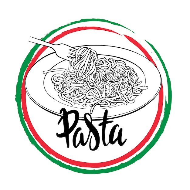 Piatto di schizzo di lettere scritte a mano con logo della pasta con pasta