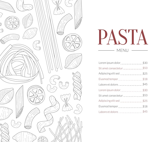 Vettore menu di pasta modello piatto di cucina tradizionale italiana menu di ristoranti e caffè illustrazione vettoriale disegnata a mano