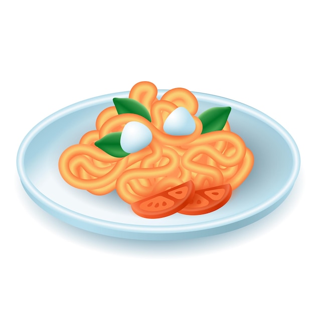 Pasta met tomaten 3d vector illustratie. Gediende spaghetti op plaat thuis of restaurant in beeldverhaalstijl die op witte achtergrond wordt geïsoleerd. Restaurant, menu, voedselconcept