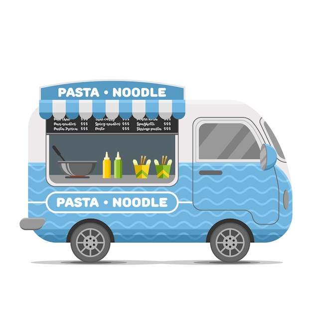 Vector pasta and noodle street food caravan trailer. colorful vector illustration, cartoon style, isolated on white background