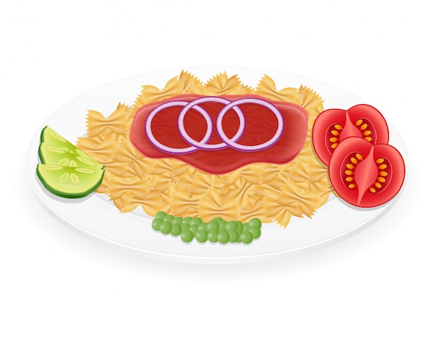 野菜のベクトル図と皿の上のパスタ