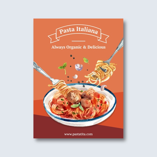 Progettazione del manifesto della pasta con pasta, illustrazione dell'acquerello della forcella.