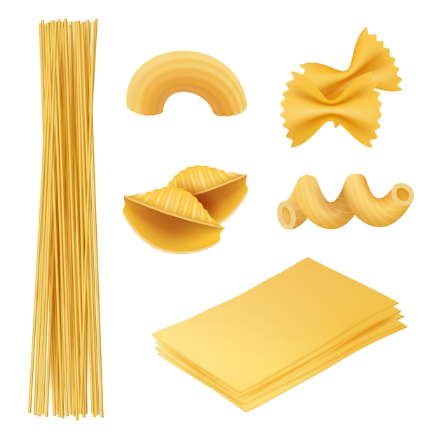 Vettore pasta realistica. maccheroni fusilli farfalle cibo italiano cucinare ingredienti foto di cucina tradizionale