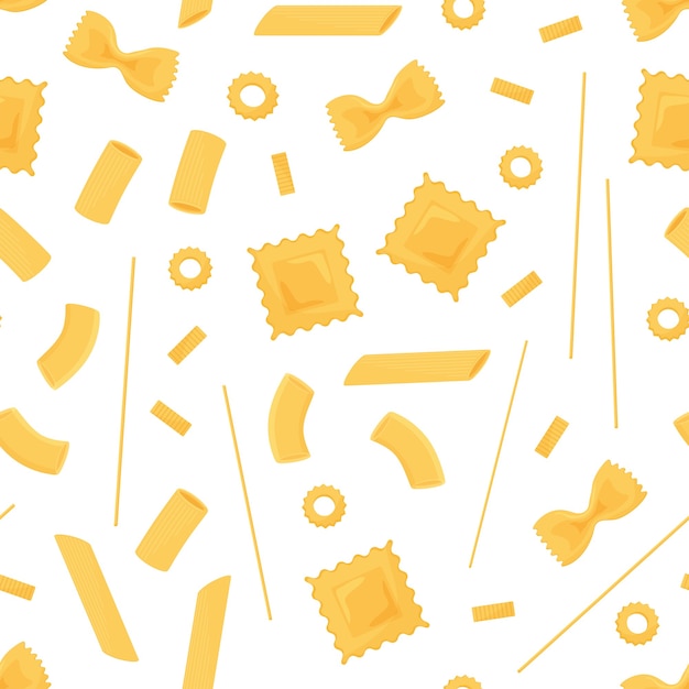 Vector pasta seamless pattern. different types italian pasta. spaghetti, ravioli, penne, farfalle, noodles macaron