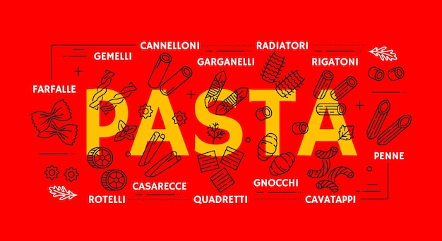 ベクトル パスタの種類のバナーまたはイタリア料理の細い線のアイコン イタリア料理メニューの古典的な食事アウトライン ベクトルの背景にカネロニ ジェメリ ファルファッレ ガルガネッリとカサレッチェ ロテッリ クアドレッティ パスタ