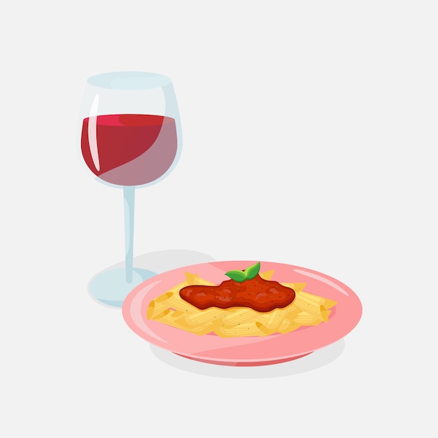 pasta with tomato sauce and a glass of red wine