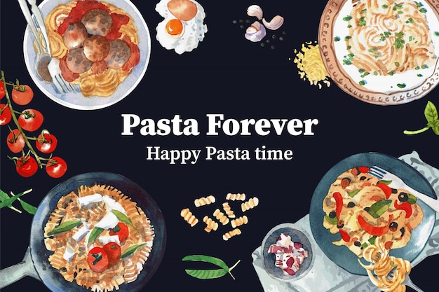 Pastaontwerp met verschillende pasta, tomaat aquarel illustratie.