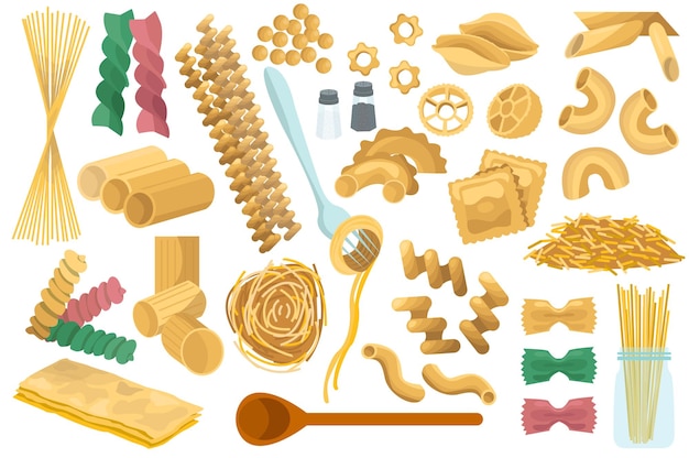 Vector pastaproducten instellen iconen concept zonder mensenscène in het platte cartoonontwerp