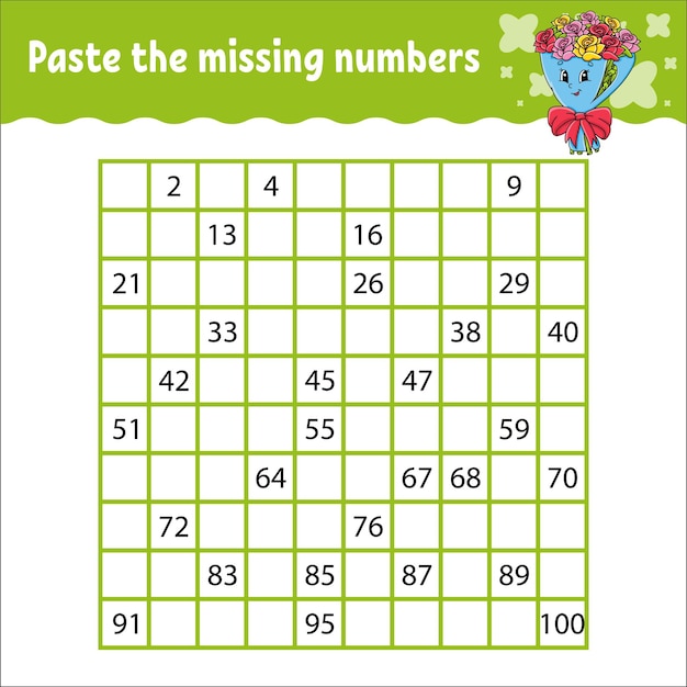 Paste the missing numbers from 1 to 100 Handwriting practice Learning numbers for kids Education developing worksheet