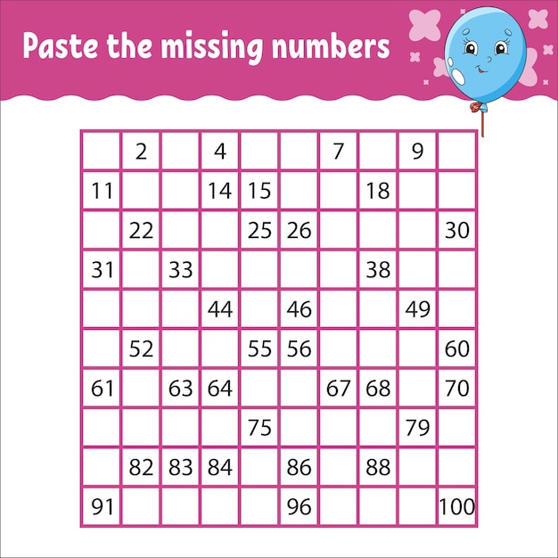 Paste the missing numbers from 1 to 100 handwriting practice