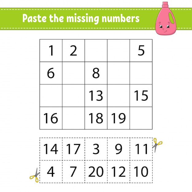 Paste the missing numbers. handwriting practice. learning numbers for kids.