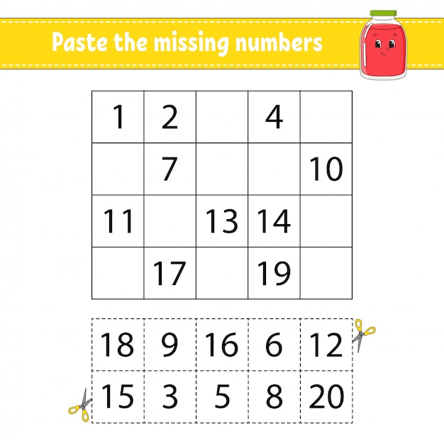 Paste the missing numbers. Handwriting practice. Learning numbers for kids.