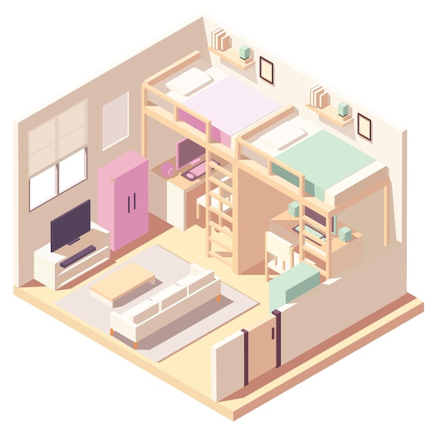 Pastel bedroom isometric composition