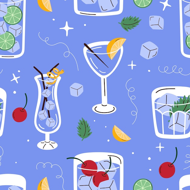 Pastel blue cocktail pattern with refreshing drinks mint and lemon