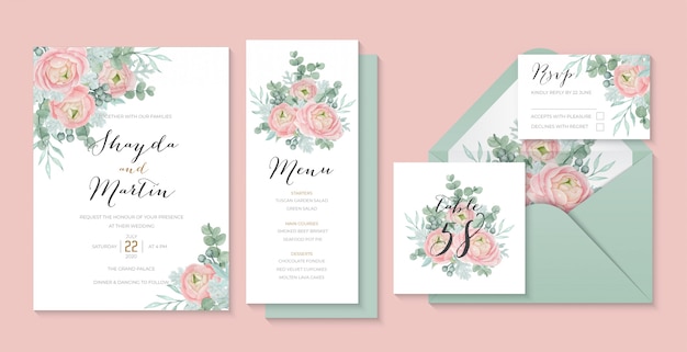 Pastel bruiloft uitnodiging sjabloon met mooie Boterbloem bloem, eucalyptus en stoffige molenaar