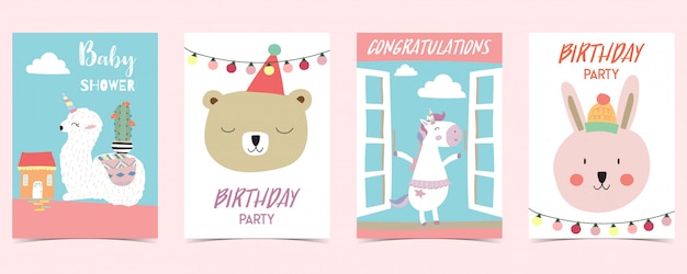 Pastel card with unicorn, star, bear, llama, rabbit